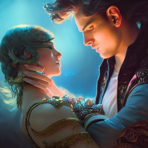 Prompt: a young couple hugging each other in a retrowave environment, D&D, fantasy, intricate, elegant, highly detailed, digital painting, artstation, concept art, matte, sharp focus, illustration, hearthstone, art by Artgerm and Greg Rutkowski and Alphonse Mucha