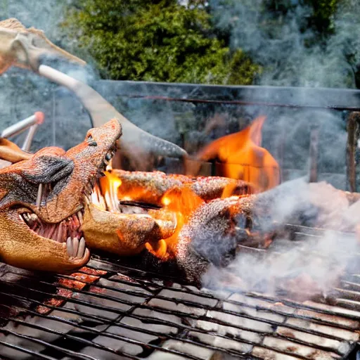 Image similar to photo of a chef roasting a realistic dinosaur on a grill