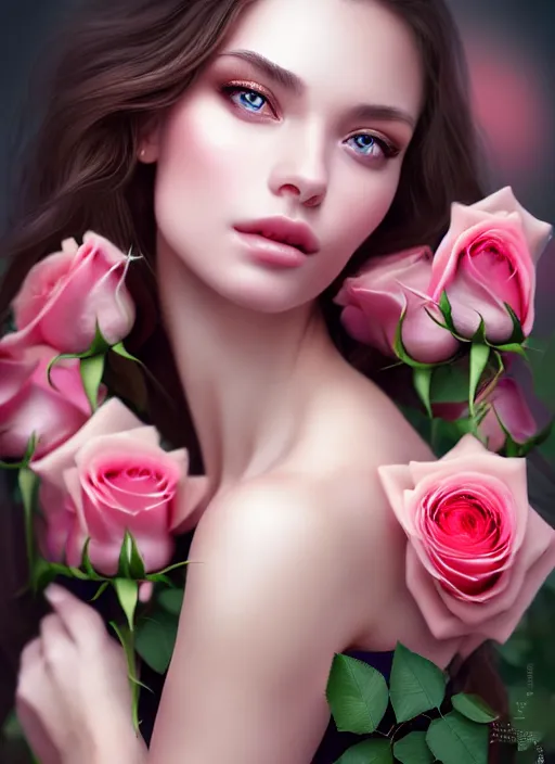 Image similar to a gorgeous female photo, professionally retouched, soft lighting, holding a bouquet of roses, realistic, smooth face, perfect eyes, wide angle, sharp focus on eyes, 8 k high definition, insanely detailed, intricate, elegant, art by artgerm and wlop