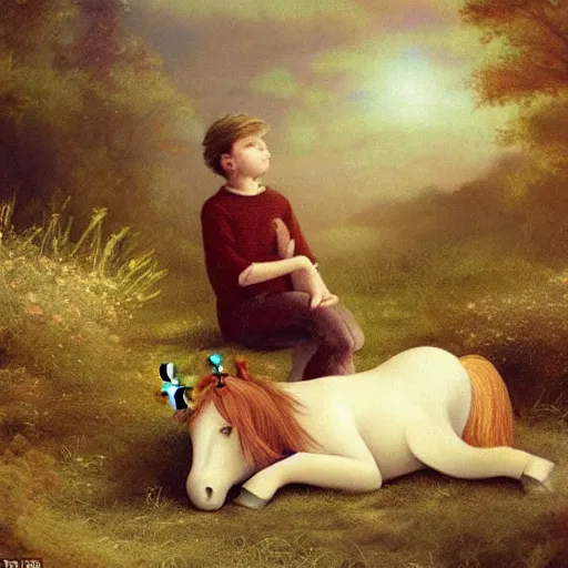 Image similar to dream : a fabulous landscape, a magical unicorn. a boy is sitting astride him. a cat is lying