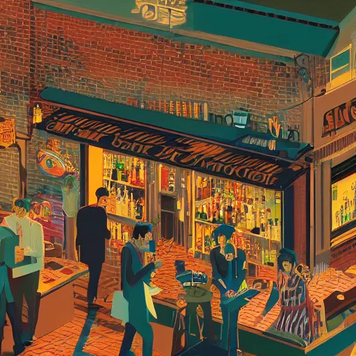 Image similar to isometric view illustration of a very lively bar neighborhood , highly detailed, end of the day, by Victo Ngai and James Gilleard , Mumford Dan, Pennington Bruce
