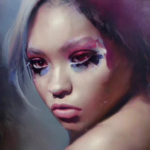 Prompt: face protrait of dojacat, realistic, ultrahd, jeremy mann painting