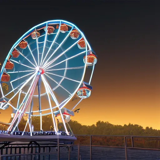 Image similar to one ferris wheel at night, hyperrealistic, concept art, octane render, unreal engine 5, trending on artstation, high quality, highly detailed, 8 k hdr, soft lighting, path traced, starry background, bloom, high coherence, symmetrical, high contrast, digital art, serene landscape, cinematic