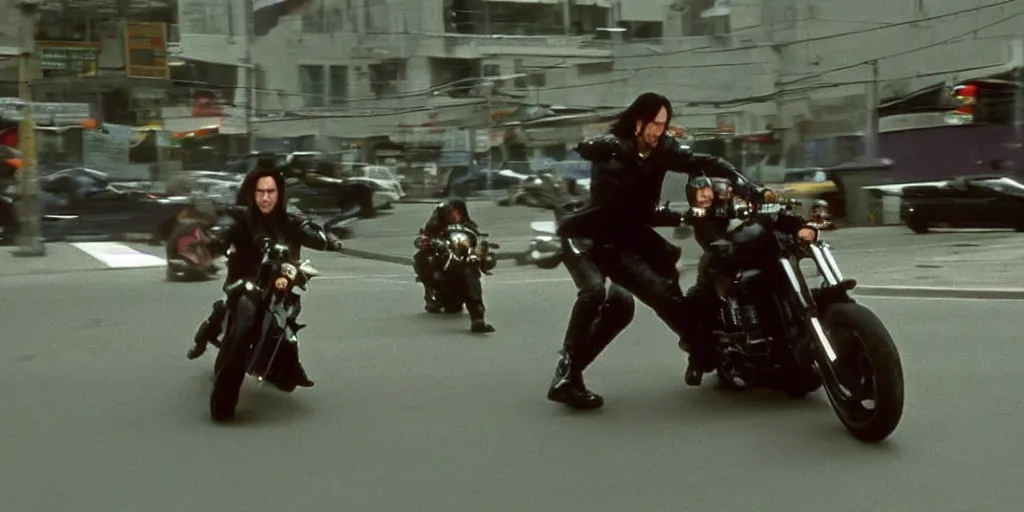 Image similar to beautiful hyperrealism three point perspective film still of Keanu Reeves as neo in bullet time aiming two uzi at agent smith in a nice oceanfront promenade motorcycle chase scene in Matrix meets kagemusha(1990) extreme closeup portrait in style of 1990s frontiers in translucent porclein miniature street photography seinen manga fashion edition,, tilt shift style scene background, soft lighting, Kodak Portra 400, cinematic style, telephoto by Emmanuel Lubezki