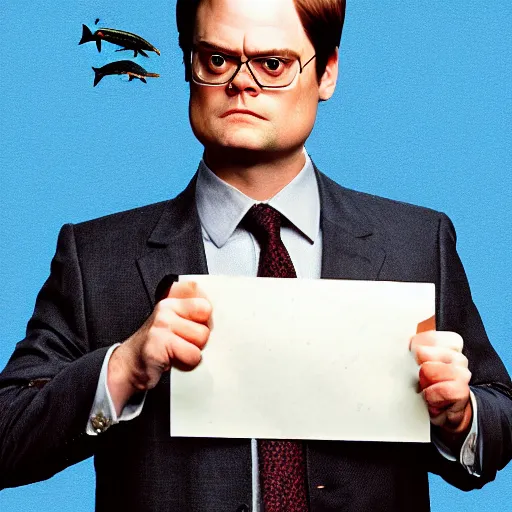 Image similar to proud dwight schrute holding a tiny piece of paper and a fish above his head by rubins
