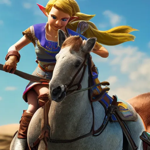 Image similar to close up, zelda riding a horse on moon, detailed realistic face, hyper realistic, 4 k octan render, unreal 5