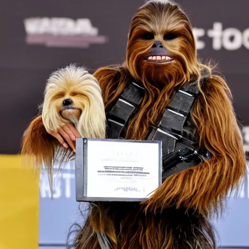 Prompt: chewbacca celebrating on the winner's podium at a dog show, he is holding a trophy