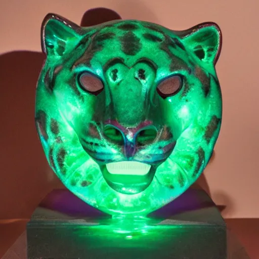 Image similar to Emerald Jaguar sculpture with glowing purple eyes