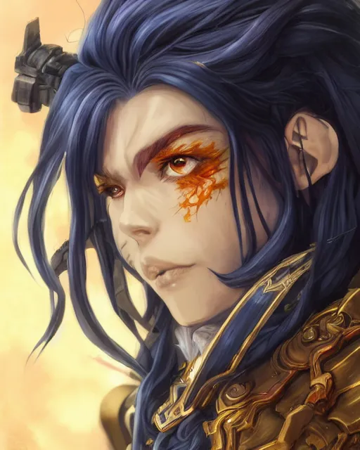 Image similar to An anime portrait of a beautiful D&D half-orc female with long wavy dark blue hair, bright orange eyes, intricate full body armour, fantasy soldier, by Stanley Artgerm Lau, WLOP, Rossdraws, James Jean, Andrei Riabovitchev, Marc Simonetti, and Sakimichan, highly detailed, ultra detailed, golden hour, trending on artstation, cgstudio