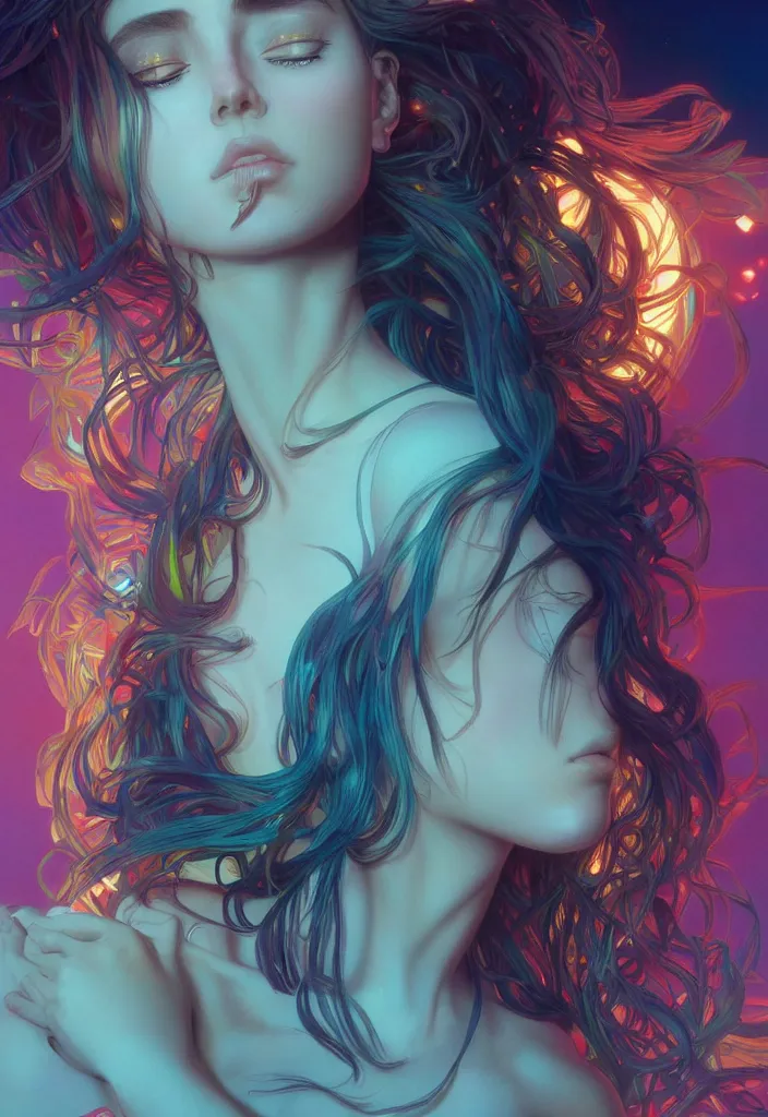 Image similar to beautiful, young woman, detailed gorgeous face, vaporwave aesthetic, synthwave, colorful, psychedelic, artstation, concept art, smooth, extremely sharp detail, finely tuned detail, ultra high definition, 8 k, unreal engine 5, ultra sharp focus, illustration, art by artgerm, greg rutkowski and alphonse mucha
