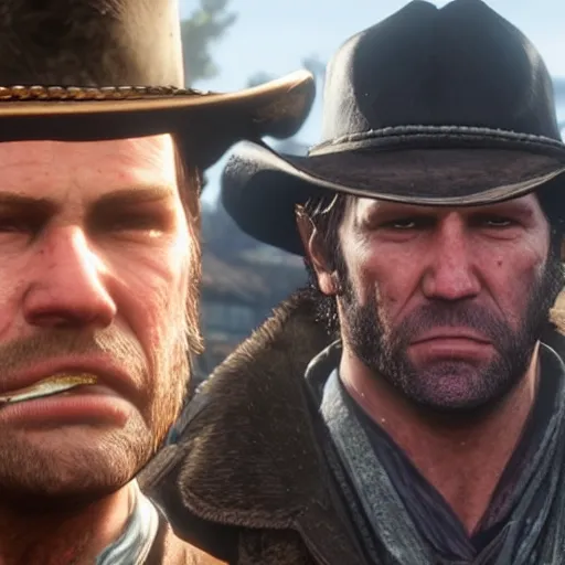 Image similar to arthur morgan from red dead redemption 2 eating a sandwich photo - realistic