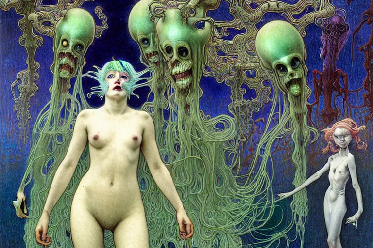 Prompt: realistic extremely detailed portrait painting of ghost girl with green hair wearing dress in a crowded sci-fi city street, very detailed alien crowd by Jean Delville, Amano, Yves Tanguy, Alphonse Mucha, Ernst Haeckel, Edward Robert Hughes, Roger Dean, rich moody colours, blue eyes