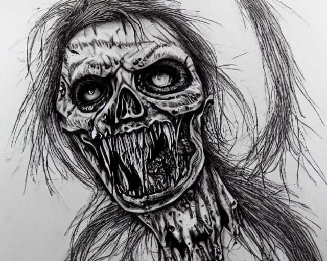 Image similar to Justin Bartlett pen drawing of a horrifying zombie, heavy metal