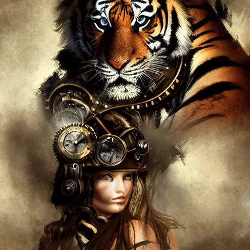 Image similar to Dream, tiger, gears, steampunk. portrait, crown, environment