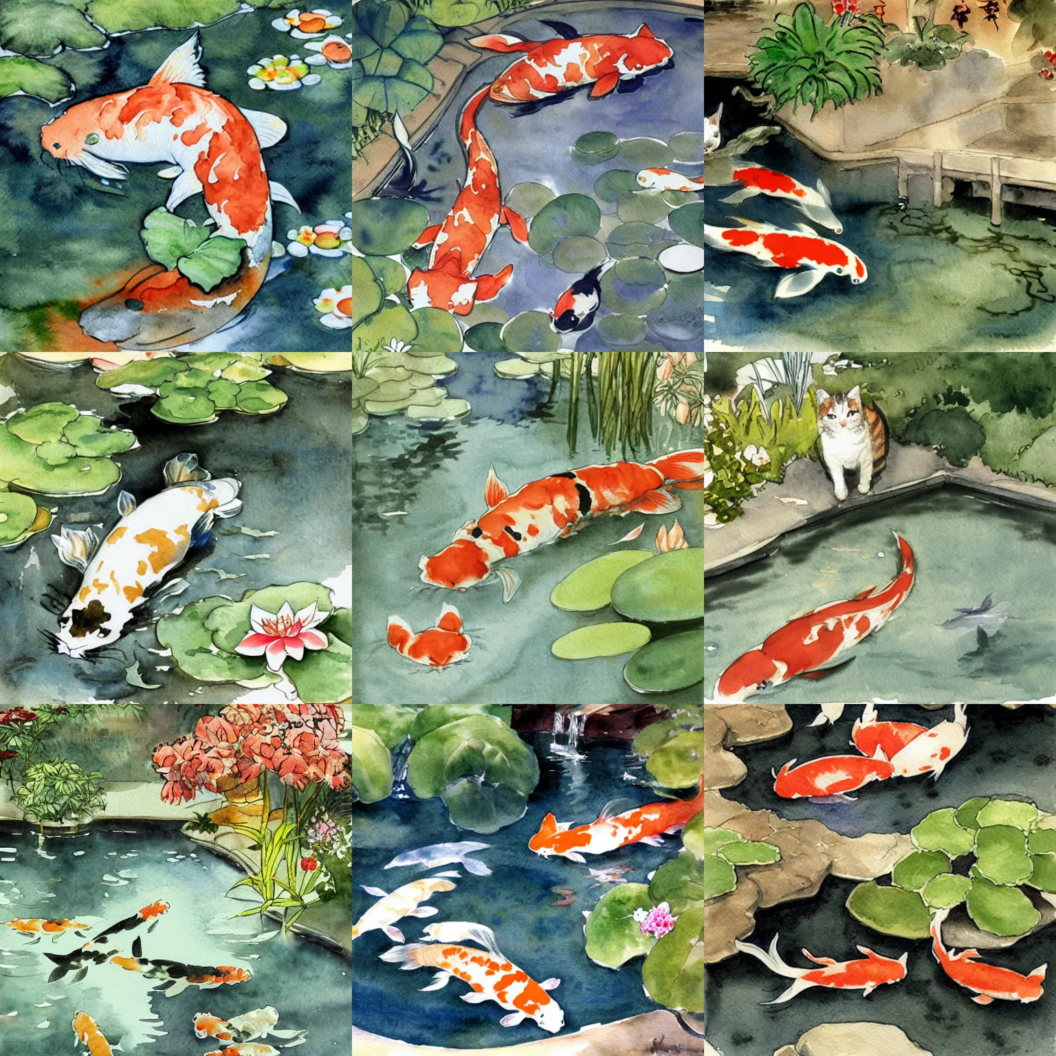 Prompt: cat looks at koi pond, intricate watercolor illustration by john singer sargent