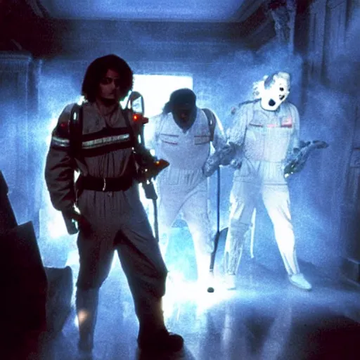 Image similar to stunning awe inspiring michael jackson as a ghostbuster in the movie ghostbusters, movie still 8 k hdr atmospheric lighting