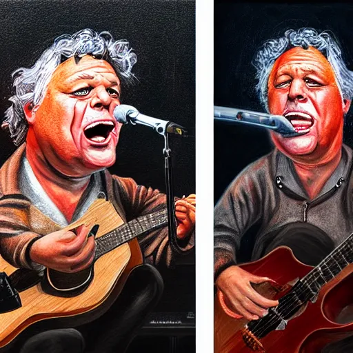 Image similar to Caricature portraits done of Gene Ween singing live on stage, realistic, hyperrealistic, very realistic, highly detailed, very detailed, extremely detailed, detailed, oil painting, digital art, trending on artstation