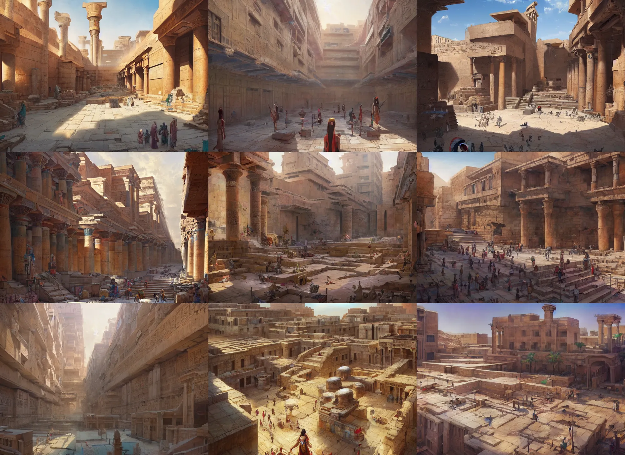 Prompt: A wide open courtyard in an epic, colorful ancient Egyptian city, anime, a fantasy digital painting by Greg Rutkowski and James Gurney, trending on Artstation, highly detailed