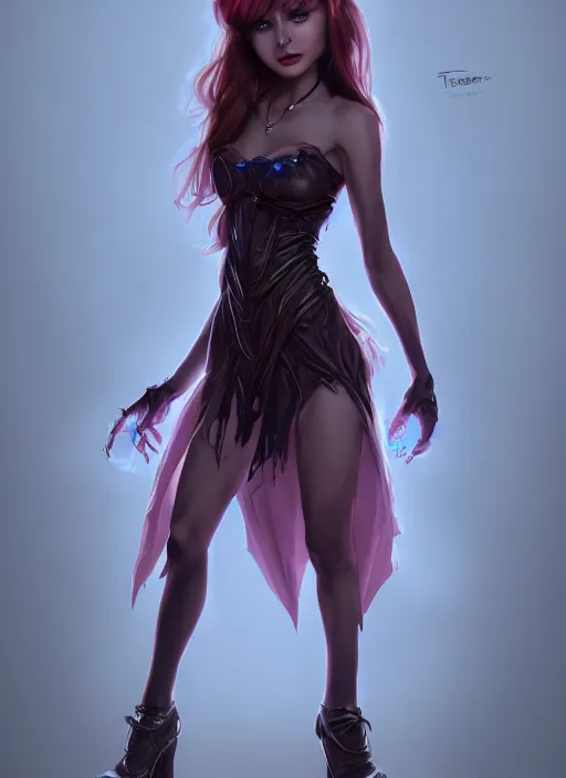 Image similar to beautiful fashion cute imp demon female strapless dress, character portrait in the style of thomas river and artgerm, wlop, cinematic lighting, hyperdetailed, 8 k realistic, symmetrical, global illumination, radiant light,, frostbite 3 engine, cryengine, dof, trending on artstation, digital art, chanel