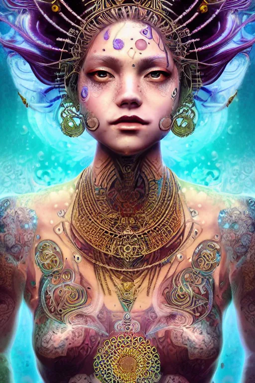 Image similar to a centered render of an mytical festival hippy with tribal tattoos wearing intricate metallic clothing surrounded by a underwater ink pour and flowing liquid gallium and sacred geometry, perfect body and face, gorgeous, cinematic, beautifully lit, by miho hirano, by karol bak, by donato giancola, 3 d, trending on artstation, octane render, 8 k