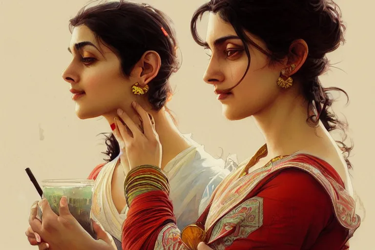 Image similar to Anxious good looking pale young Indian doctors drinking, portrait, elegant, intricate, digital painting, artstation, concept art, smooth, sharp focus, illustration, art by artgerm and greg rutkowski and alphonse mucha