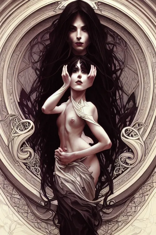 Image similar to demonic, dark fantasy, intricate, elegant, highly detailed, digital painting, artstation, concept art, matte, sharp focus, illustration, art by artgerm and alphonse mucha