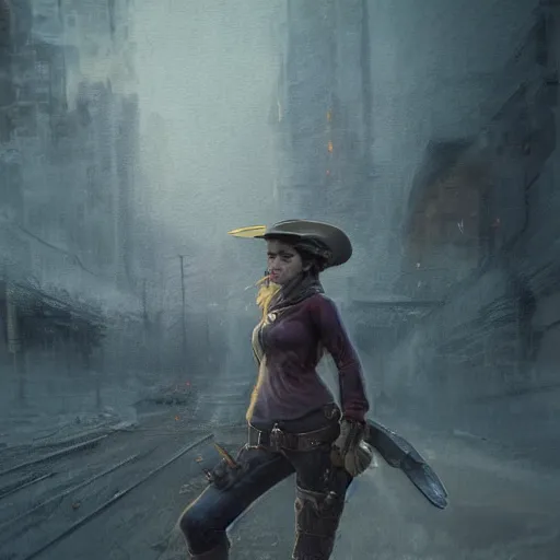 Image similar to fallout 5, charismatic beautiful, rugged, brunette female protagonist wearing a cowboy - hat, portrait, outdoors ruined cityscape, atmospheric lighting, painted, intricate, volumetric lighting, beautiful, daytime, harsh winter weather, sharp focus, deep colours, ultra detailed, by leesha hannigan, ross tran, thierry doizon, kai carpenter, ignacio fernandez rios