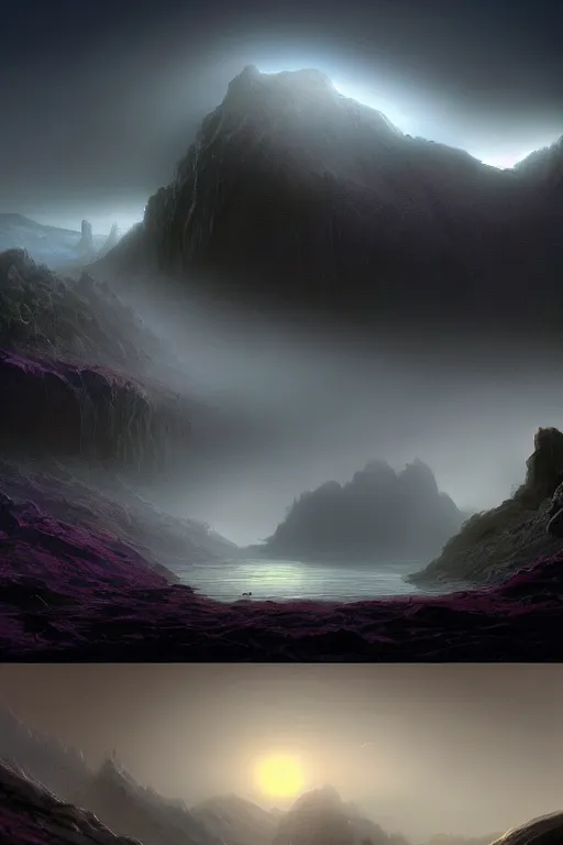 Prompt: muppet concept art, matte painting, dark epic sci fi landscape dawn mist halo, by dawe gabriel and dean roger