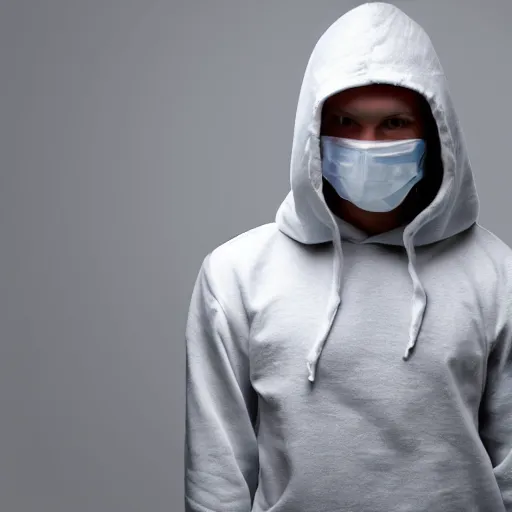 Image similar to person wearing featureless white plastic mask in hoodie, doing weird poses