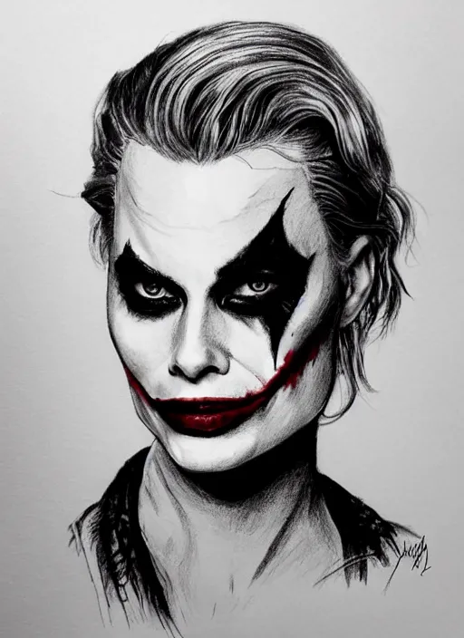 Prompt: a drawing of margot robbie with joker makeup, ace card, realistic face, black and white, hyper realistic, highly detailed