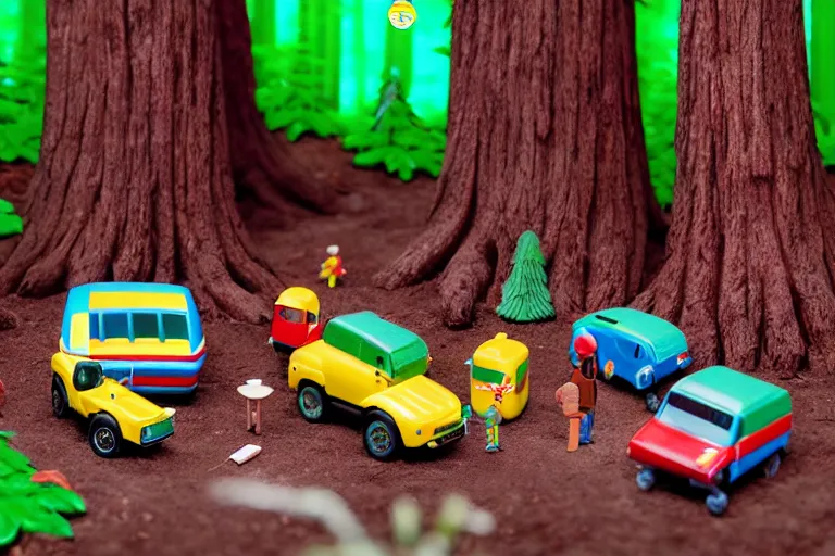 Image similar to fisher price redwood forest, california scene from tv show hyper detailed 5 5 mm 8 5 mm, toy photography, made out of plastic