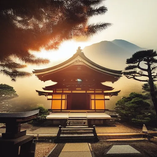 Prompt: photo of sunraise at a Japanese temple, beautiful, golden ratio, instagram, high detail, mist, light rays