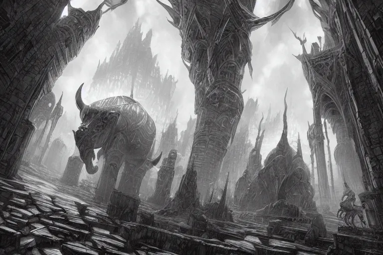 Image similar to black and white drawing point perspective fantasy dungeon you find the motionless lair of archrain, the precise ghost-minotaur,by artgerm and Craig Mullins, James Jean, Andrey Ryabovichev, Mark Simonetti and Peter Morbacher 16k