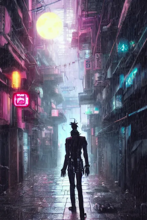 Image similar to a cyberpunk samurai in a raining cobblestone alleyway in tokyo, neon lights, full moon, fog cinematic greg rutkowski anime art hunter x hunter togashi
