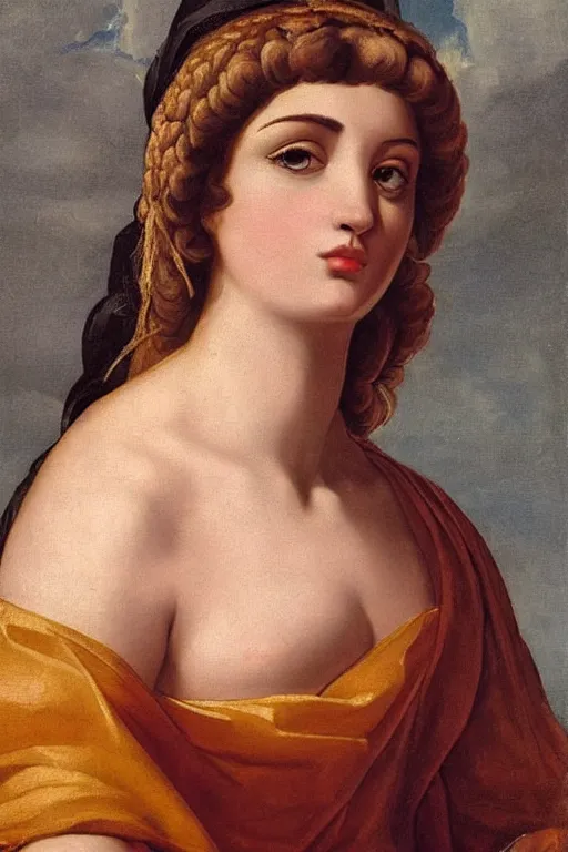 Prompt: beautiful woman, jealous face, closeup, dressed in roman clothes, ultra detailed, art by Guido Reni style