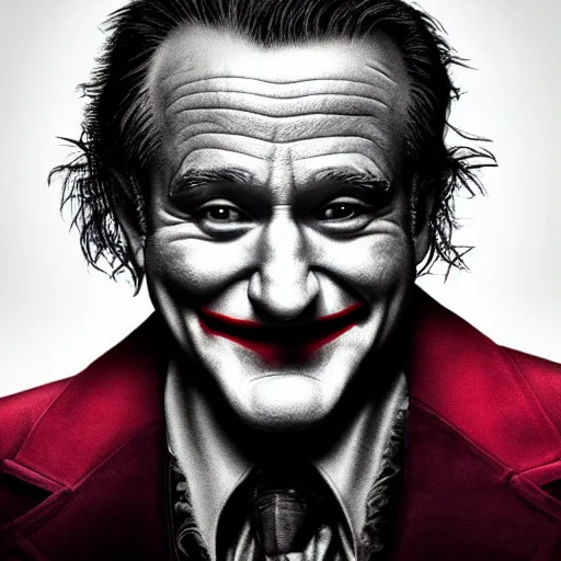 Image similar to ((Robin Williams)) playing The Joker 8k hdr moody lighting