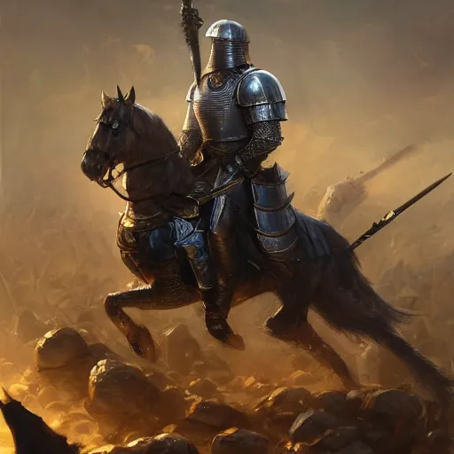 Image similar to joe biden in medieval plate armor holding a greatsword standing on top of piles of slain enemy footsoldiers, epic fanart, volumetric lighting, oil painting, highly detailed, wide view, sharp focus, painting by daniel gerhartz, alphonse murac, detailed art, artstation