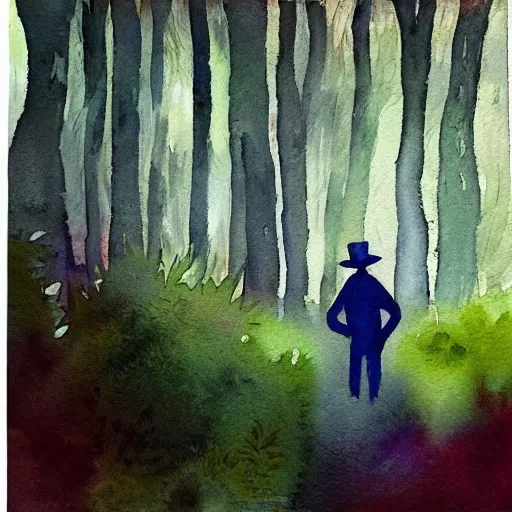 Prompt: “watercolor painting of a mysterious man in a pointy hat walking through the forest and singing, 8k, ethereal lighting”