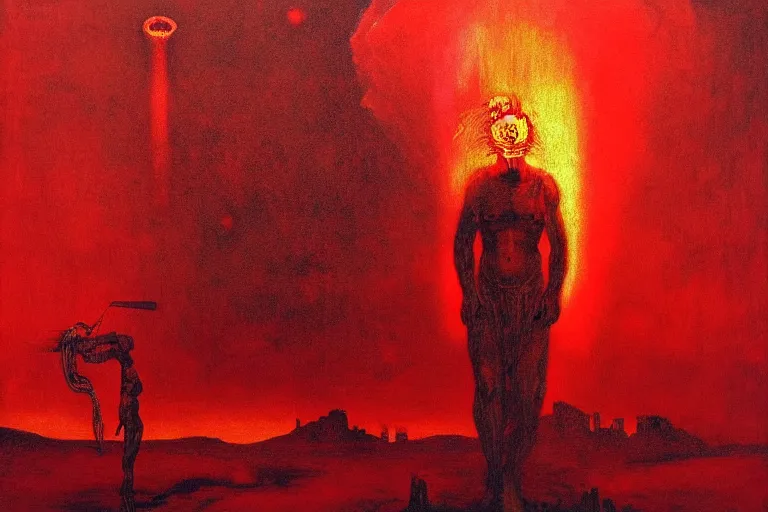 Image similar to only with red, a red melted apollo with a laurel wreath and a flaming sword announce the win, athens in the background, in the style of beksinski, part by hopper, part by rodcenko, part by hofbauer, intricate composition, red by caravaggio, insanely quality, highly detailed, masterpiece, red light, artstation