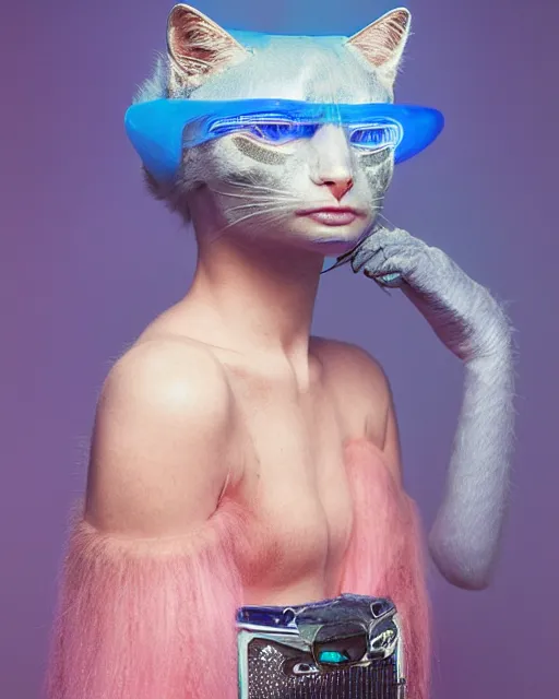 Image similar to natural light, soft focus portrait of a cyberpunk anthropomorphic cat with soft synthetic pink skin, blue bioluminescent plastics, smooth shiny metal, elaborate ornate head piece, piercings, skin textures, by annie leibovitz, paul lehr