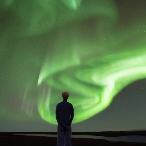 Prompt: Man with stars in his skin, Eyes made of green auroras, standing next to Creator of the universe