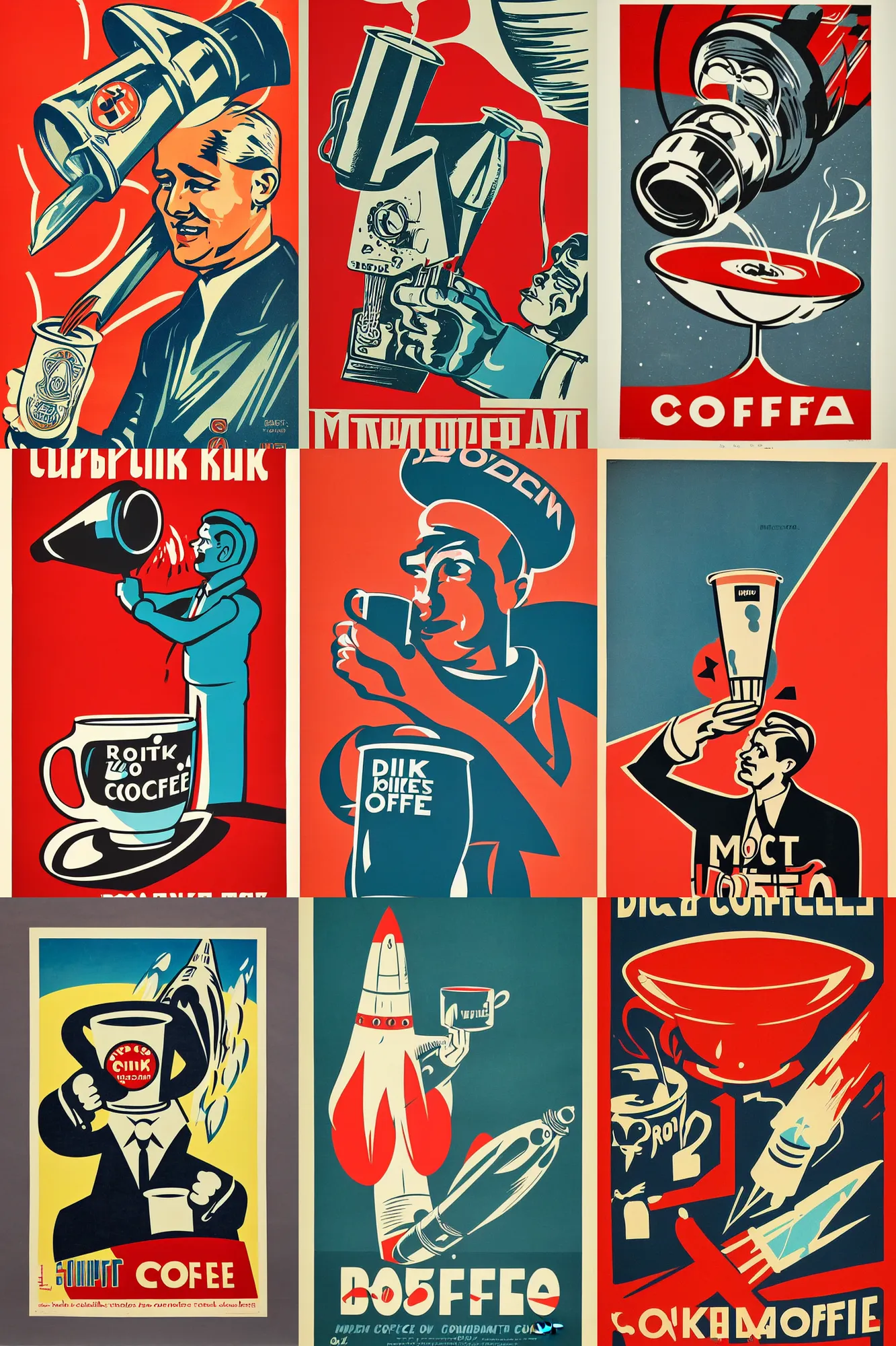 Prompt: soviet propaganda poster, Drink more coffee, featuring a rocket ship coffee cup, by mcbess, full colour print, vintage colours, 1950s