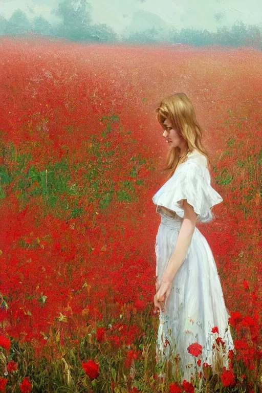 Prompt: a painting of a woman in a white dress standing in a field of red flowers by craig mullins, trending on artstation, color field, concept art, artstation hd, matte drawing
