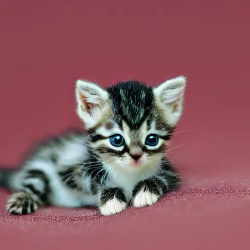 Image similar to macro shot photograph of an extremely tiny baby kitten on top of a giant strawberry