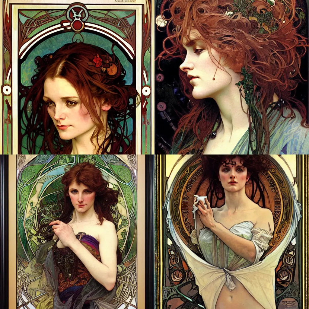 Prompt: realistic detailed face portrait of an Irish woman by Alphonse Mucha, Amano, Karol Bak, Greg Hildebrandt, Jean Delville, and Mark Brooks, Art Nouveau, Neo-Gothic, gothic, rich deep moody colors