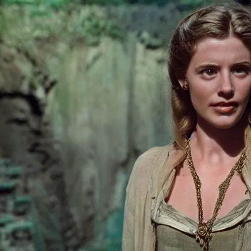 Image similar to a beautiful portrait from the film indiana jones and the fate of atlantis, of sophia hapgood wearing the nur ab sal necklace, dslr hyper focused