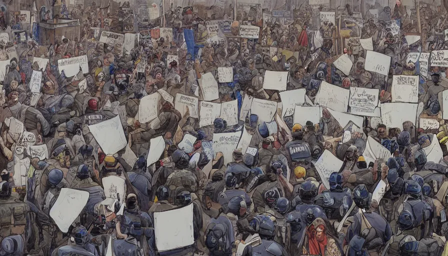 Image similar to few police lined up, standing against the crowd of protesters with blank posters, сlear sky, concept art, intricate details, highly professionally detailed,, highly detailed -