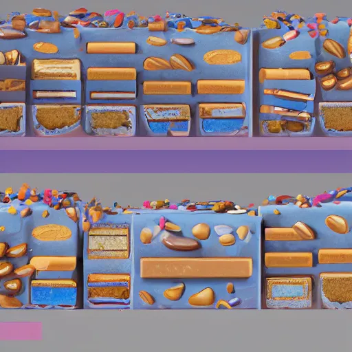 Image similar to blueprints of a section of a candy bar with 3 layers of chocolate, marzipan and nougat, by dan mumford, by roger dean, by laurie lipton, volumetric lighting, rendered in octane, realistic shadows, 4k resolution