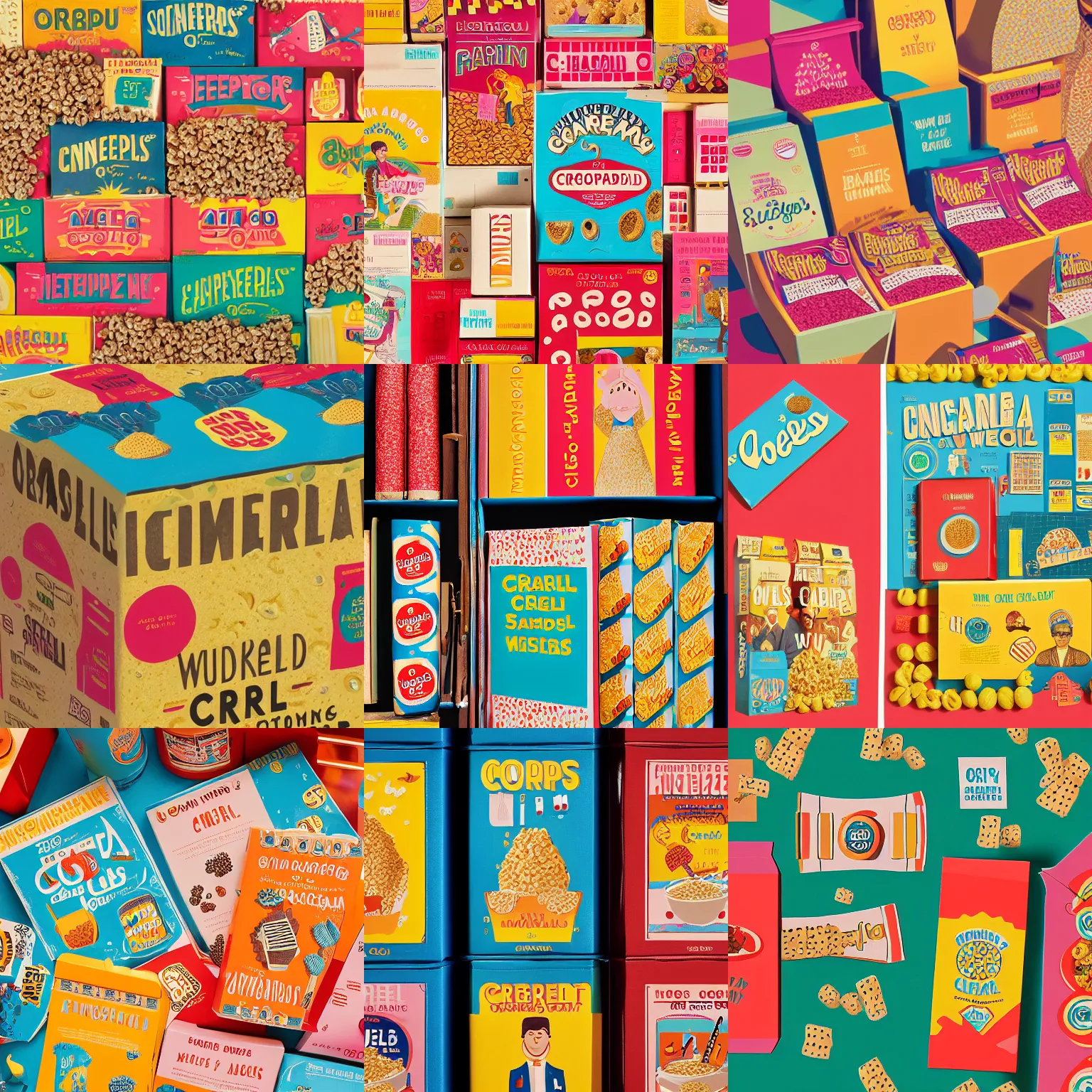 Prompt: closeup of a cereal box designed by Wes Anderson