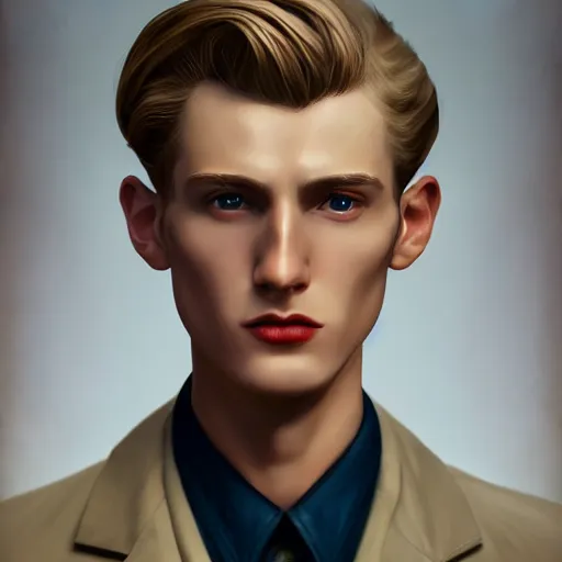 Prompt: A videogame portrait of a young Irish man with high cheekbones. Good bone structure. Dressed in 1940s style. (Blond). Highly detailed, fine Art, high detail, great lighting, 8k resolution, masterpiece, concept art, illustration, clear eyes, painting oil on canvas, octane render, HDR, trending on artstation, 4k, 8k, HD
